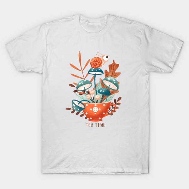 Tea Time (mushrooms and leaves) T-Shirt by Elena Amo